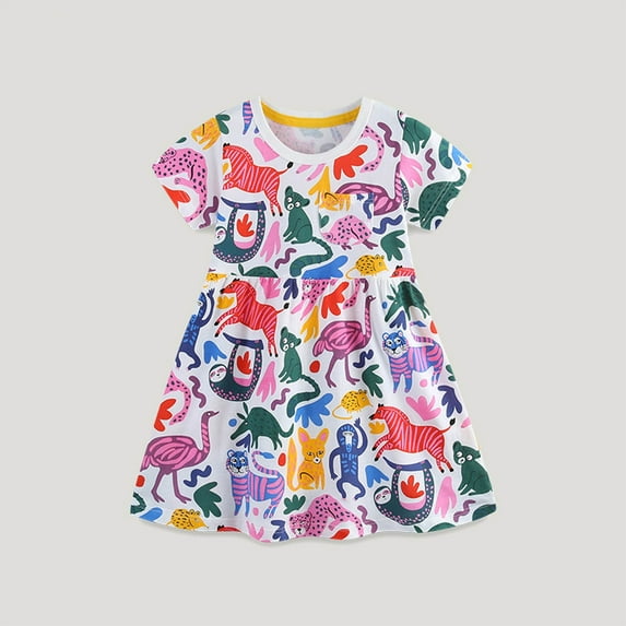 Cowsor Girls Animal World Printed Short Sleeve Crewneck Dress Button Front Casual Summer Sundress for 2-8 Years Old