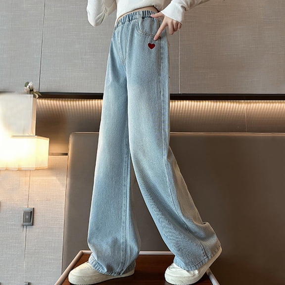 Cowsor Girls Baggy Jeans Distressed Denim Pants Elastic Waist Wide Leg Jeans for Girls Kids Loose