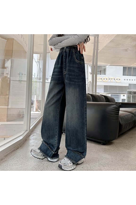 Girls Baggy Jeans Distressed Denim Pants Elastic Waist Wide Leg Jeans for Girls Kids Loose