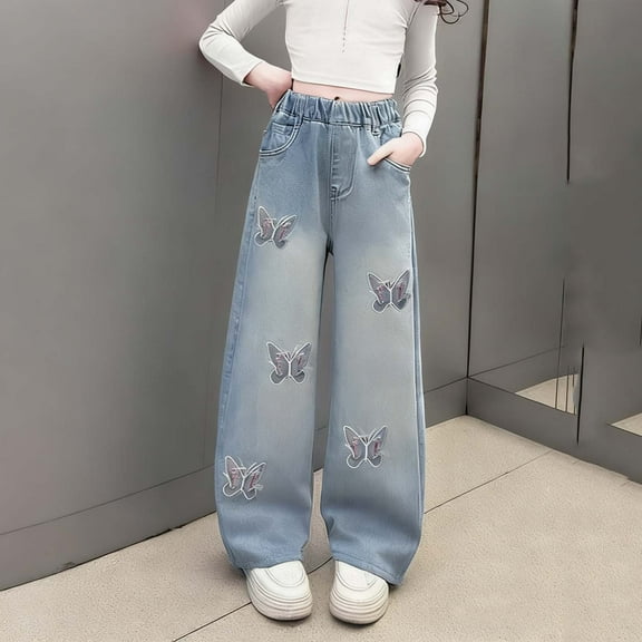 Cowsor Girls Baggy Jeans Distressed Denim Pants Elastic Waist Wide Leg Jeans for Girls Kids Loose