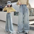 thumbnail image 1 of Cowsor Girls Baggy Jeans Distressed Denim Pants Elastic Waist Wide Leg Jeans for Girls Kids Loose, 1 of 5