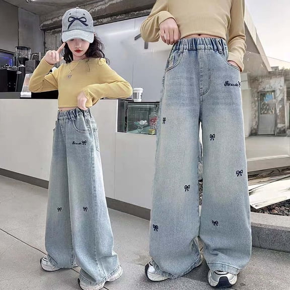Cowsor Girls Baggy Jeans Distressed Denim Pants Elastic Waist Wide Leg Jeans for Girls Kids Loose