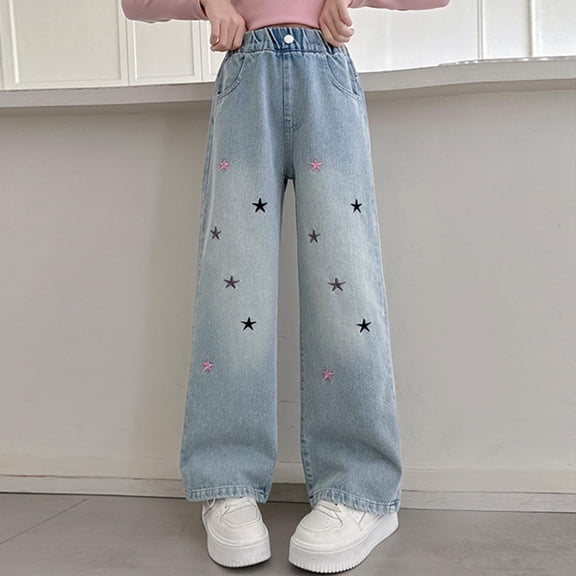 Cowsor Girls Baggy Jeans Distressed Denim Pants Elastic Waist Wide Leg Jeans for Girls Kids Loose