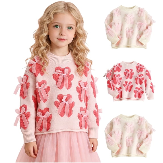 Cowsor Girls Bow Decor Crewneck Pullover Warm Long Sleeve Knit Top Sweet Casual Wear for 3-9 Years Old Kids
