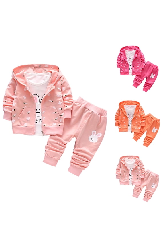 Girls Boys 3 Piece Tracksuit Sets Cute Bunny Print Long Sleeve Jacket + Long Sleeve Bottoming Shirt + Joggers Sweatpants Fall