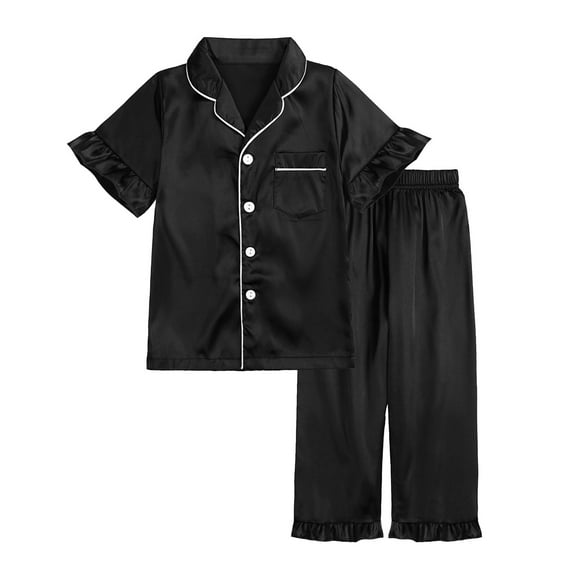 Cowsor Girls Boys Button Down Satin Pajama Sets 2PCS Ruffle Short Sleeve Top with Shorts Sleepwear Summer Outfit for Teens