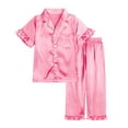 thumbnail image 1 of Cowsor Girls Boys Button Down Satin Pajama Sets 2PCS Ruffle Short Sleeve Top with Shorts Sleepwear Summer Outfit for Teens, 1 of 6