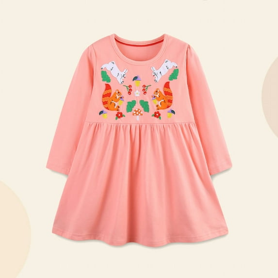 Cowsor Girls Cartoon Dress Applique Party Dresses Casual Jersey Cotton Long-Sleeved