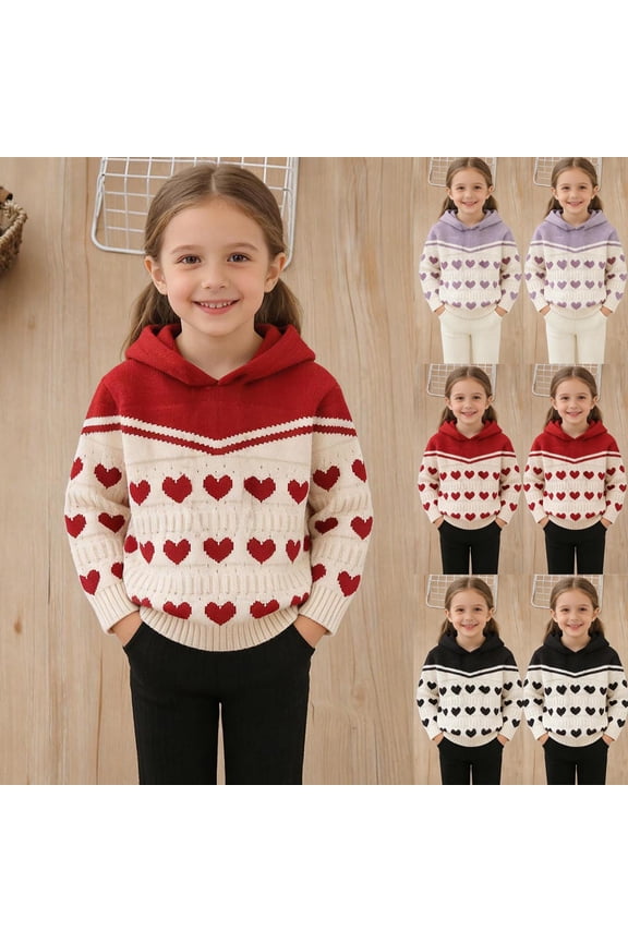 Girls Color Block Heart Printed Hooded Sweater Long Sleeve Pullover Warm Top for 1-12 Years Old Winter Daily Wear