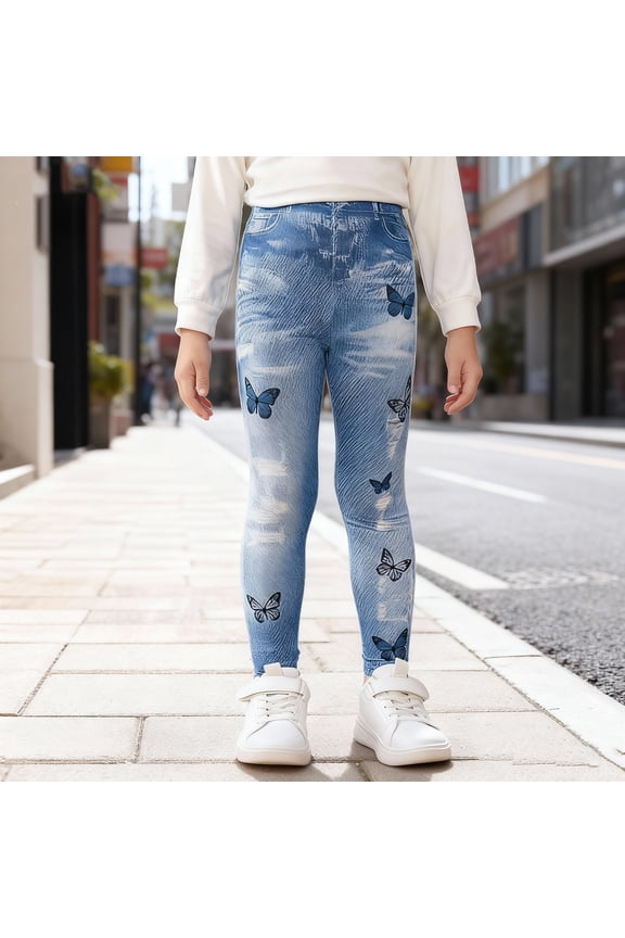 Girls' Denim Print Slim Leggings - Stretchy High-Waisted Pants, Imitation Denim Design for School, Dance & Gymnastics, Comfortable 1-8 Years