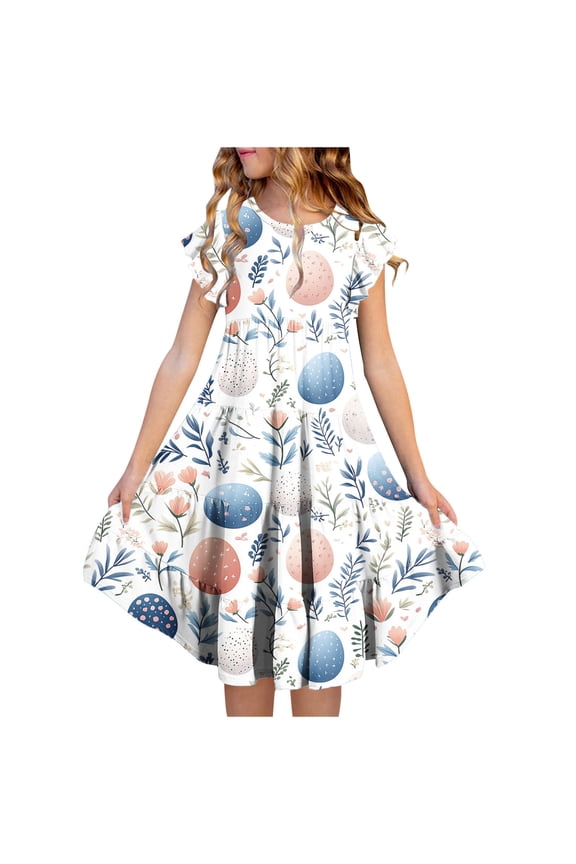 Girls Easter Printed Flutter Sleeve Crew Neck Dress Ruffled Tiered Waist with Pockets Soft Breathable Summer Casual Party Dress 6-15 Years