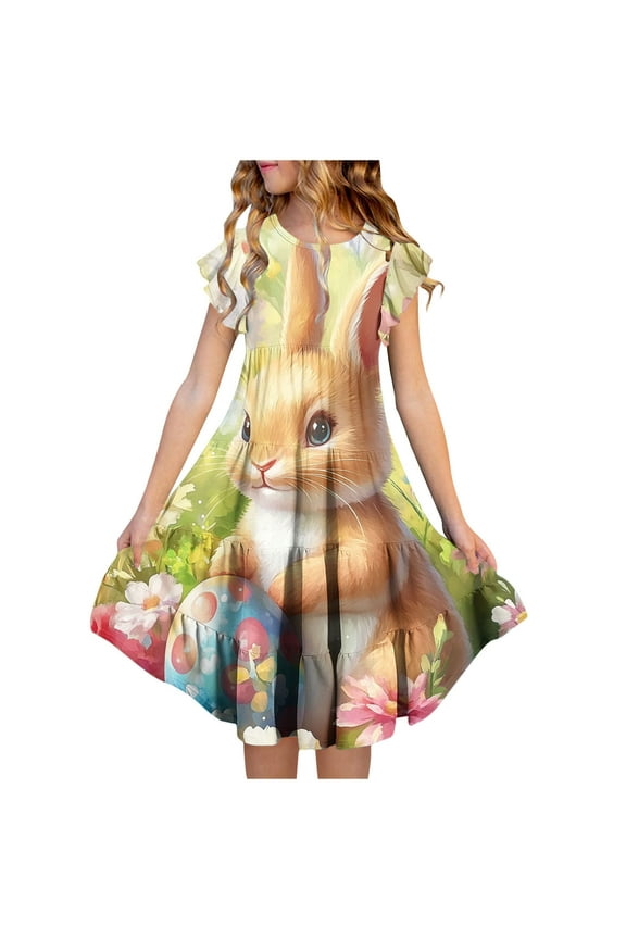 Girls Easter Printed Flutter Sleeve Crew Neck Dress Ruffled Tiered Waist with Pockets Soft Breathable Summer Casual Party Dress 6-15 Years