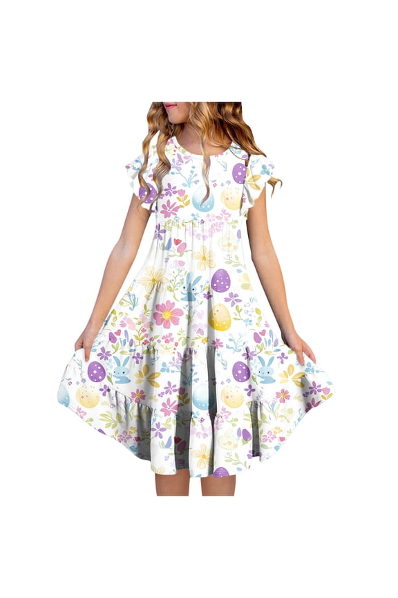 Girls Easter Printed Flutter Sleeve Crew Neck Dress Ruffled Tiered Waist with Pockets Soft Breathable Summer Casual Party Dress 6-15 Years