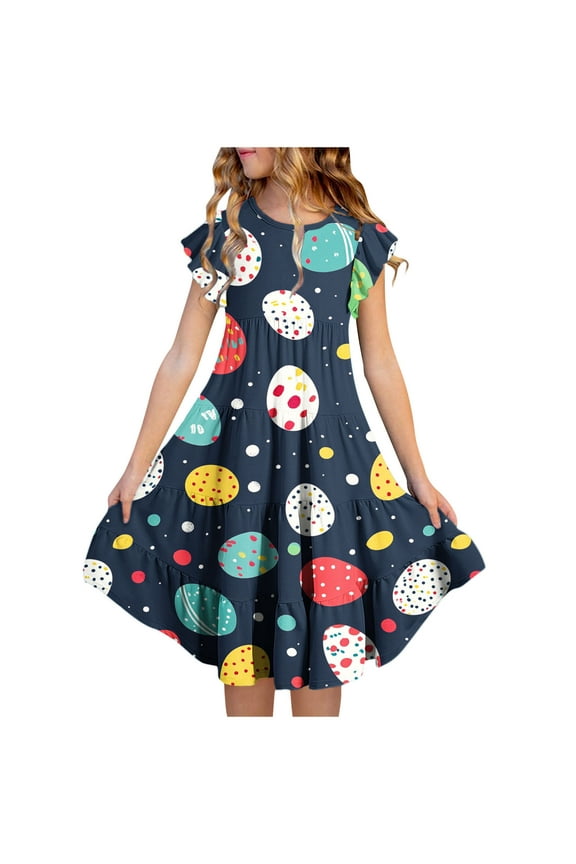Girls Easter Printed Flutter Sleeve Crew Neck Dress Ruffled Tiered Waist with Pockets Soft Breathable Summer Casual Party Dress 6-15 Years