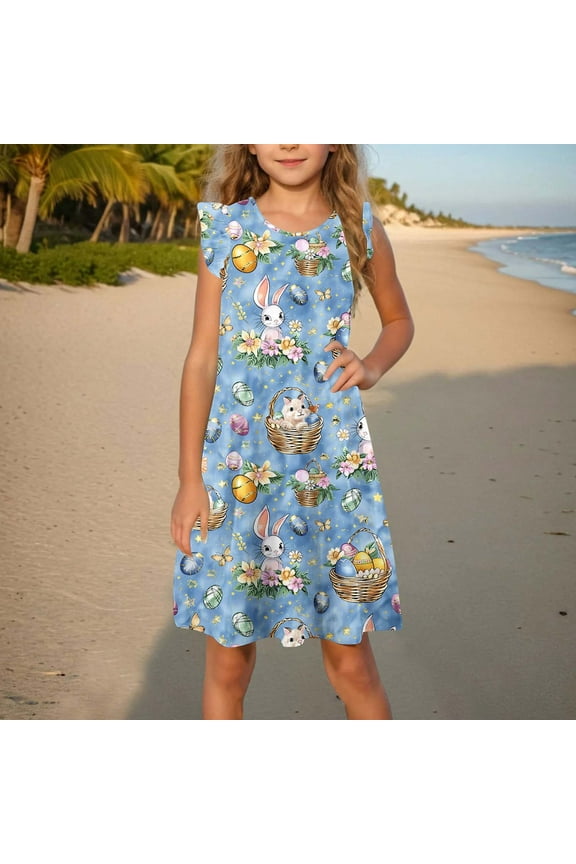 Girls Easter Printed Flutter Sleeve Summer Dress Sleeveless Crew Neck Casual Lightweight Floral Easter Party Dress for Kids