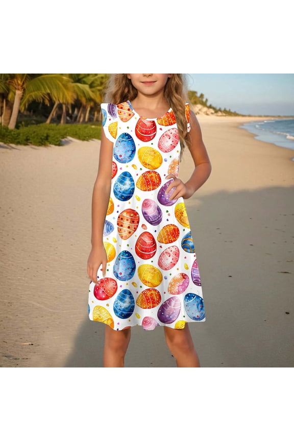 Girls Easter Printed Flutter Sleeve Summer Dress Sleeveless Crew Neck Casual Lightweight Floral Easter Party Dress for Kids