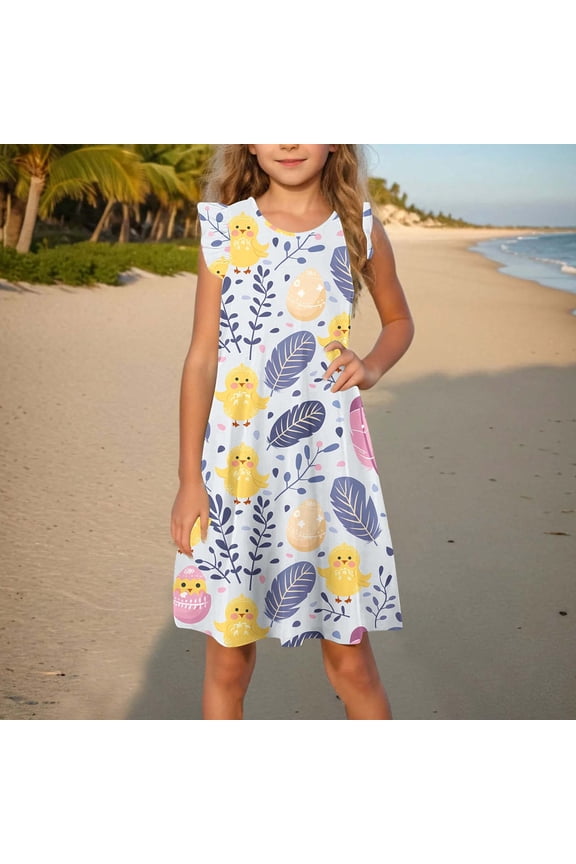 Girls Easter Printed Flutter Sleeve Summer Dress Sleeveless Crew Neck Casual Lightweight Floral Easter Party Dress for Kids