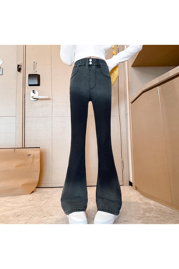 Girls Flare Jeans Bell Bottom Teen Denim Pants Flared Cute Elastic Band Pockets Kids
