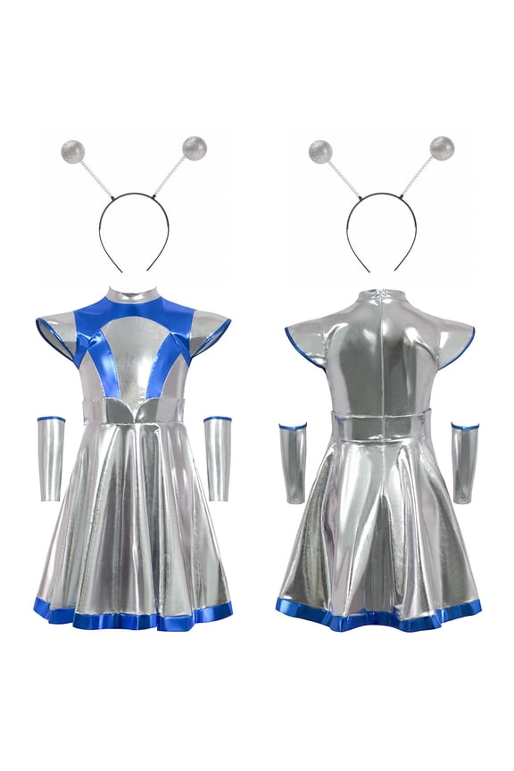 Girls' Galactic Alien Costume Dress - Metallic Mesh, Astronaut Design with Headband, Dance Performance Style for Carnival, Fancy Dress & Space Parties