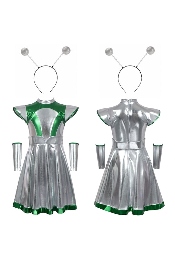 Girls' Galactic Alien Costume Dress - Metallic Mesh, Astronaut Design with Headband, Dance Performance Style for Carnival, Fancy Dress & Space Parties