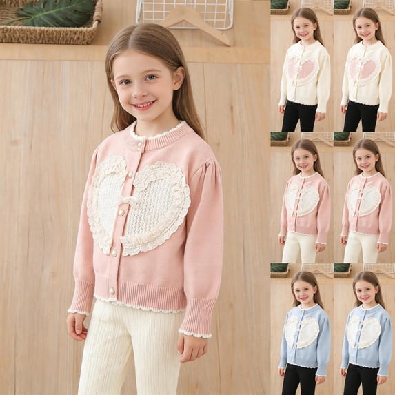 Cowsor Girls Heart Bow Pearl Button Cardigan Long Sleeve Knit Open Front Top Cute Spring Fall Wear for 1-8 Years Old Daily Use