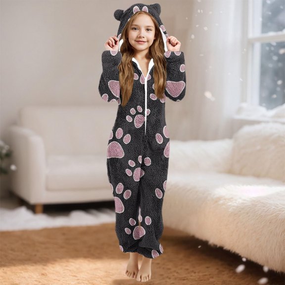Cowsor Girls' Hooded Long Sleeve Pajama Romper - Winter Warm Fleece-Lined, Cozy Loose Fit, Breathable Sleepwear for Nighttime Comfort & Lazy Weekend Lounging
