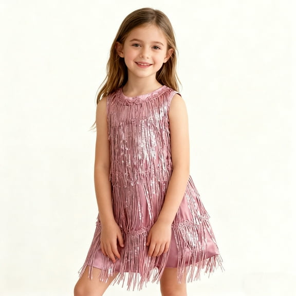 Cowsor Girls Latin Dance Fringe Dress | Sleeveless Round Neck Knee-Length | Shimmering Sequin Tassels | Birthday Party Holiday Glittery Gown | 2-10 Years