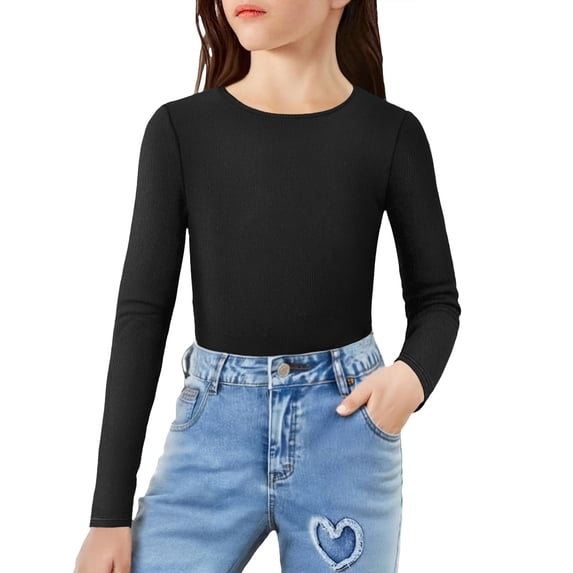 Cowsor Girls Long Sleeve Ribbed Knit Shirts Soft Slim Fit Crewneck Casual Base Layer Tops Tees