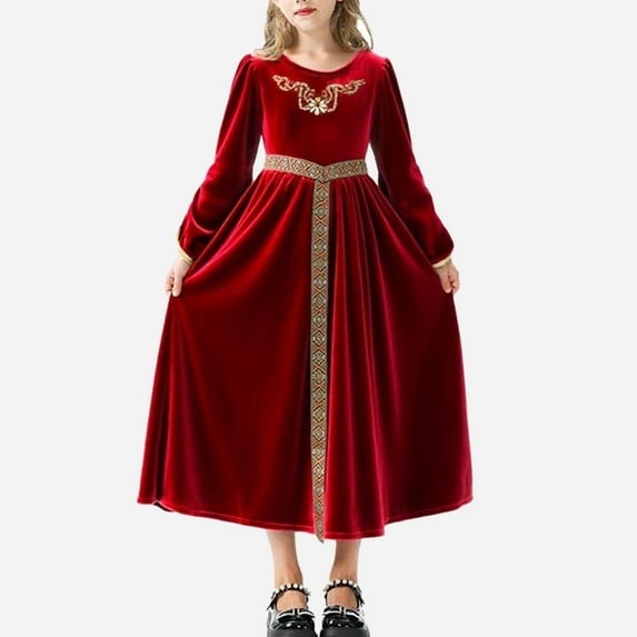 Cowsor Girls Medieval Tea Party Dress Victorian Era Bubble Sleeves Velvet High Waist Long Dress