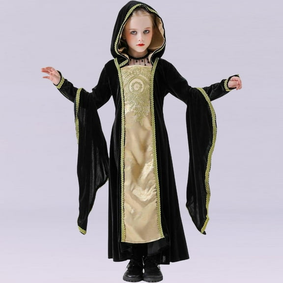 Cowsor Girls Medieval Tea Party Dress Victorian Era Bubble Sleeves Velvet High Waist Long Dress