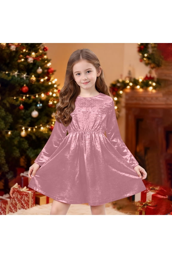 Girls Metallic Dress Kids Long Sleeve Sparkly Pleated Party Dresses