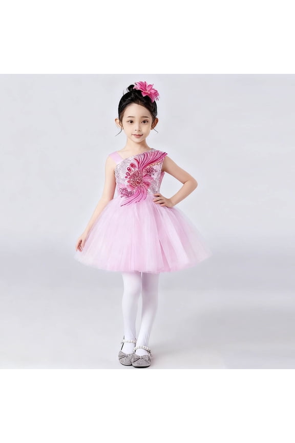 Girls' Photo-Ready Princess Skirt - Performance Flower Gauze Dress, Breathable Sleeveless Style, Ideal for Dance Recitals, Holiday Gatherings & Photos 4-15 Years