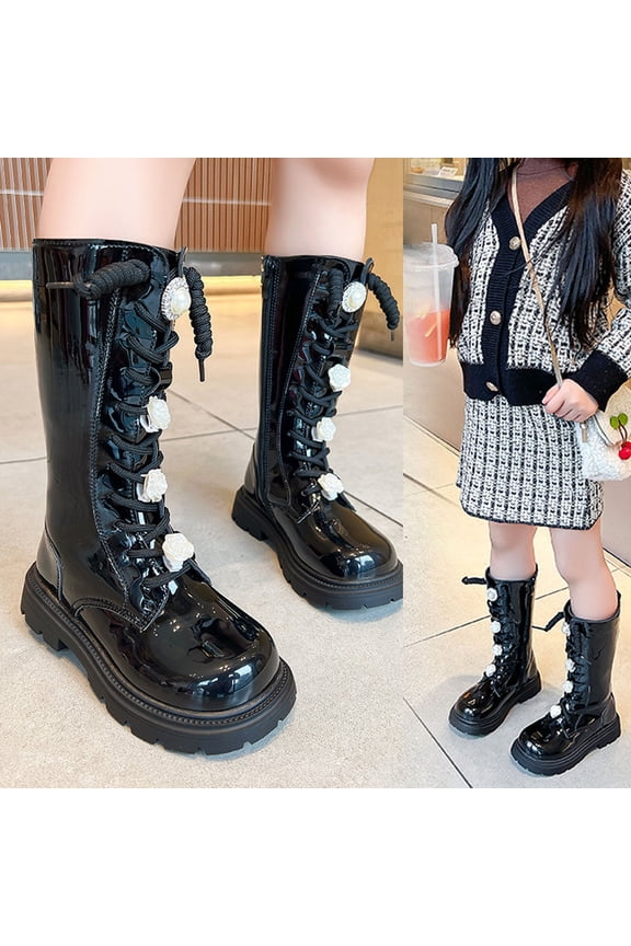 Girls Platforms Mid Calf Boots Wide Width Leatherl Side Zipper Booties Square Toe Chunky Heels Riding Booties Fashion Dressy Non Slip Waterproof Comfort Slip on