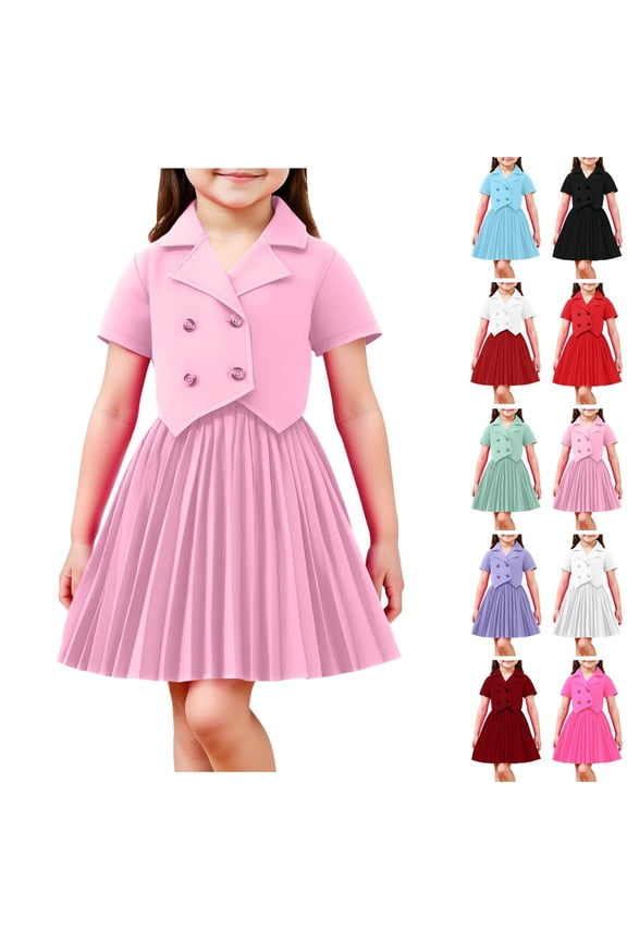 Girls Preppy Suit Set 2 to 8 Years Short Sleeve Collared Blazer Pleated Skirt 2 Piece Outfit Comfortable Breathable Uniform for School Play Daily