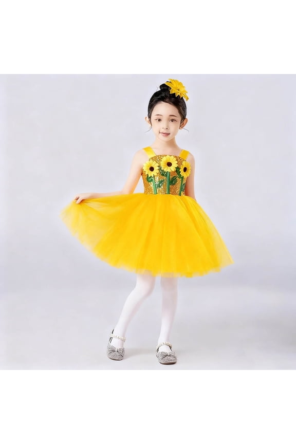 Girls' Princess Flower Gauze Skirt - Performance Dance Dress, Soft Twirly Design with Flower Detail, Perfect for Birthday Parties, Stage Shows & Daily Wear 4-15 Years
