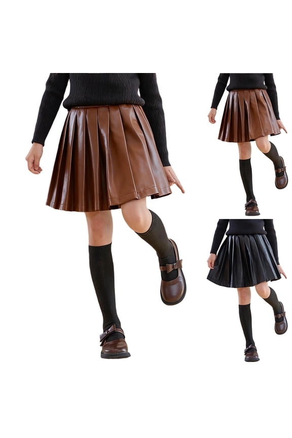 Girls Princess PU Leather Skirt 3 to 14 Years Solid High Waist Pleated Skirt Elastic Waist Preppy Style Wear for Party School Daily Activities