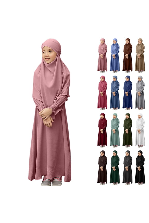 Girls Ramadan Dress Set 3 to 12 Years Solid Long Sleeve Crew Neck Ruffle Hem Dress with Shawl Elegant Middle Eastern Style Outfit for Holiday Pray