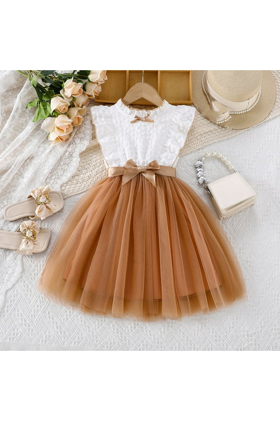 Girls Ruffle Sleeve Tulle Dress with Belt Sweet Solid Color Party Sundress for 3-10 Years Old Summer Play
