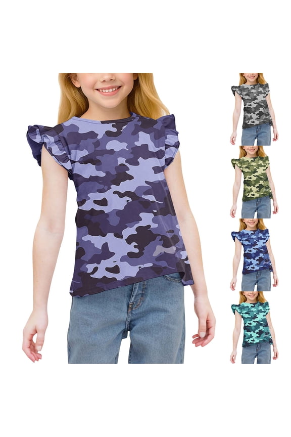 Girls Ruffled Camo Print Short Sleeve T Shirt Cute Lightweight Summer Top for Little Kids