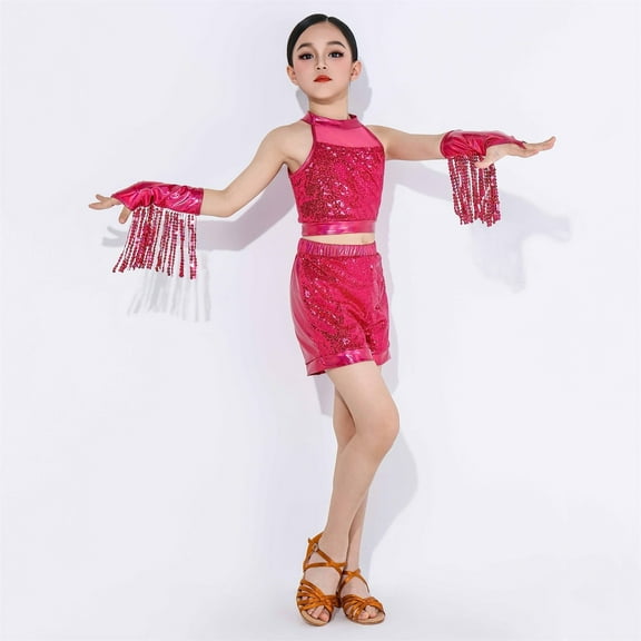 Cowsor Girls Sequin Dance Dress Costume Fringe Latin Dresses Spaghetti Strap Tassel Outfit