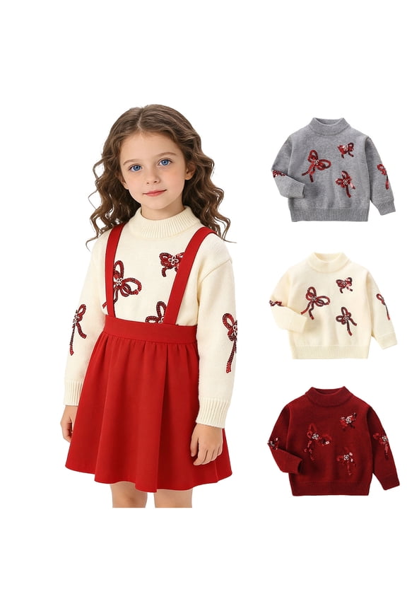 Girls Sequin Embellished Crewneck Sweater Warm Long Sleeve Knit Top Cute Casual Wear for 2-9 Years Old Kids
