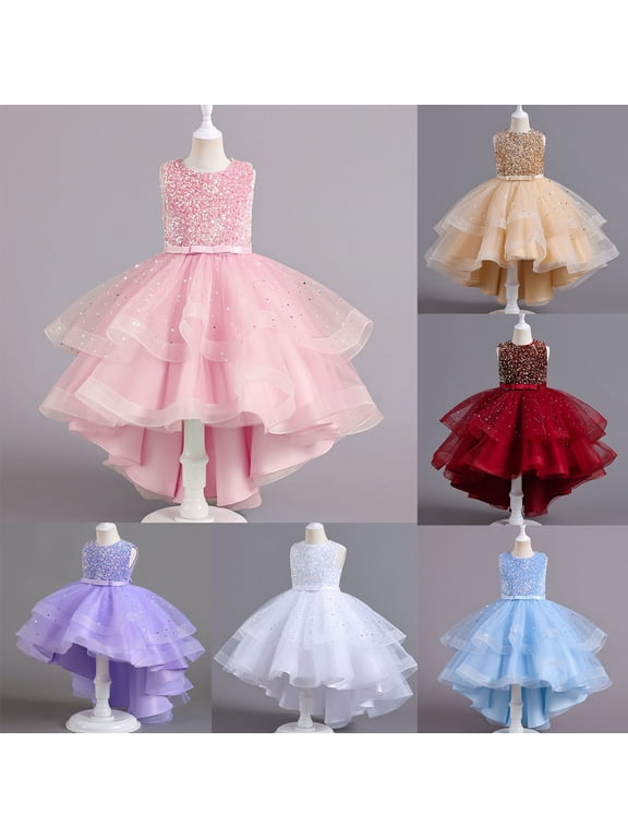 Girls Sequin Embellished Tulle Princess Dress Fancy Tiered Birthday Party Gown for 3-15 Years Old Special Occasion