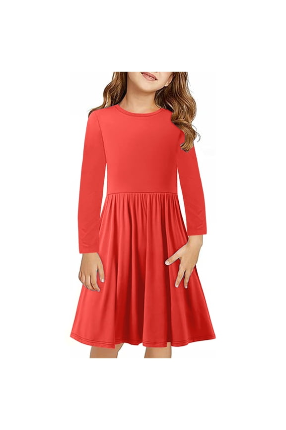 Girls' Solid Color A-Line Dress – Long Sleeve (4-14Y)