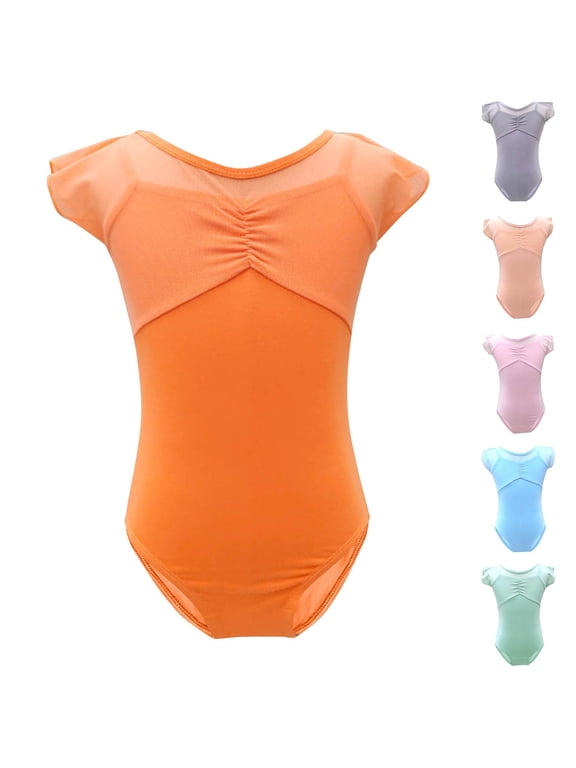 Girls Solid Color Ballet Dance Leotard with Mesh Short Sleeve Crewneck Gymnastics Outfit for 2-15 Years Old
