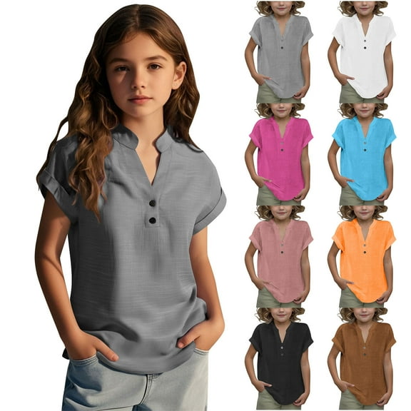 Cowsor Girls Solid Color Button Down V Neck Shirt Loose Casual T Shirt Versatile Daily Top