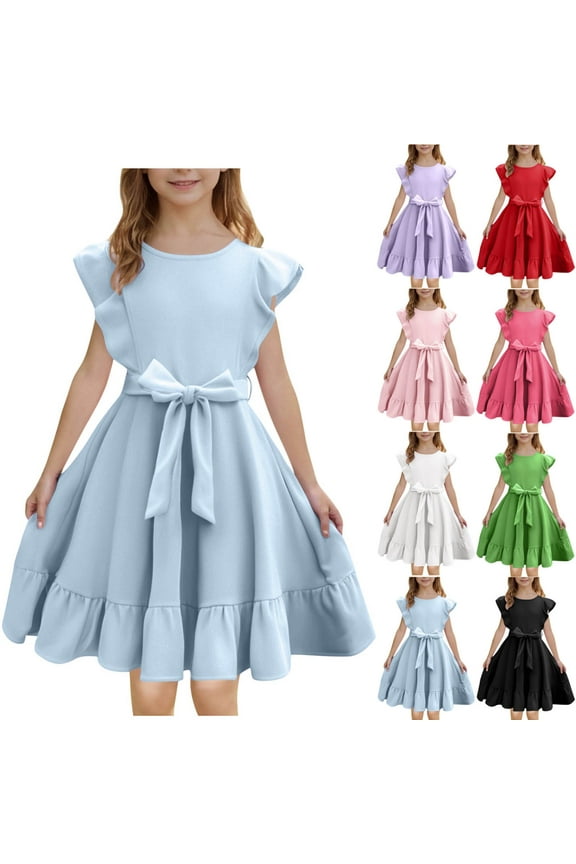 Girls Solid Color Ruffle Sleeve Crewneck Dress Waist Cinched Casual Summer Sundress for 3-14 Years Old Daily Play