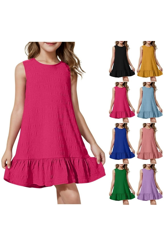 Girls Solid Color Sleeveless Crewneck Dress Loose Casual Summer Sundress Comfortable Daily Wear for 5-15 Years Old