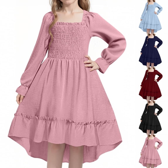 Cowsor Girls Solid Color Square Neck Flare Sleeve Ruffled Dress Elegant Long Sleeve Princess Gown for 4-14 Years Old