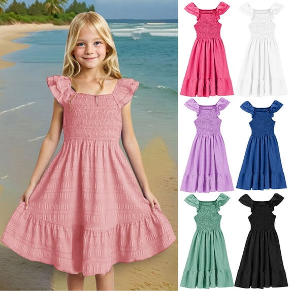 Cowsor Girls Solid Color Square Neck Ruffled Sleeveless Mini Dress Sweet Summer Playwear for Young Girls