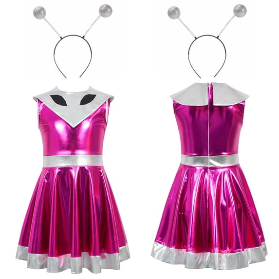 Cowsor Girls' Space Astronaut Alien Dress - Metallic Glitter Mesh, Included Headband, Dance-Ready Carnival Fancy Dress for Performance, Costume Parties & Space Themed Events